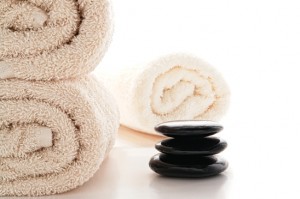 Polished Hot Massage Stones Cairn and Bath Towels